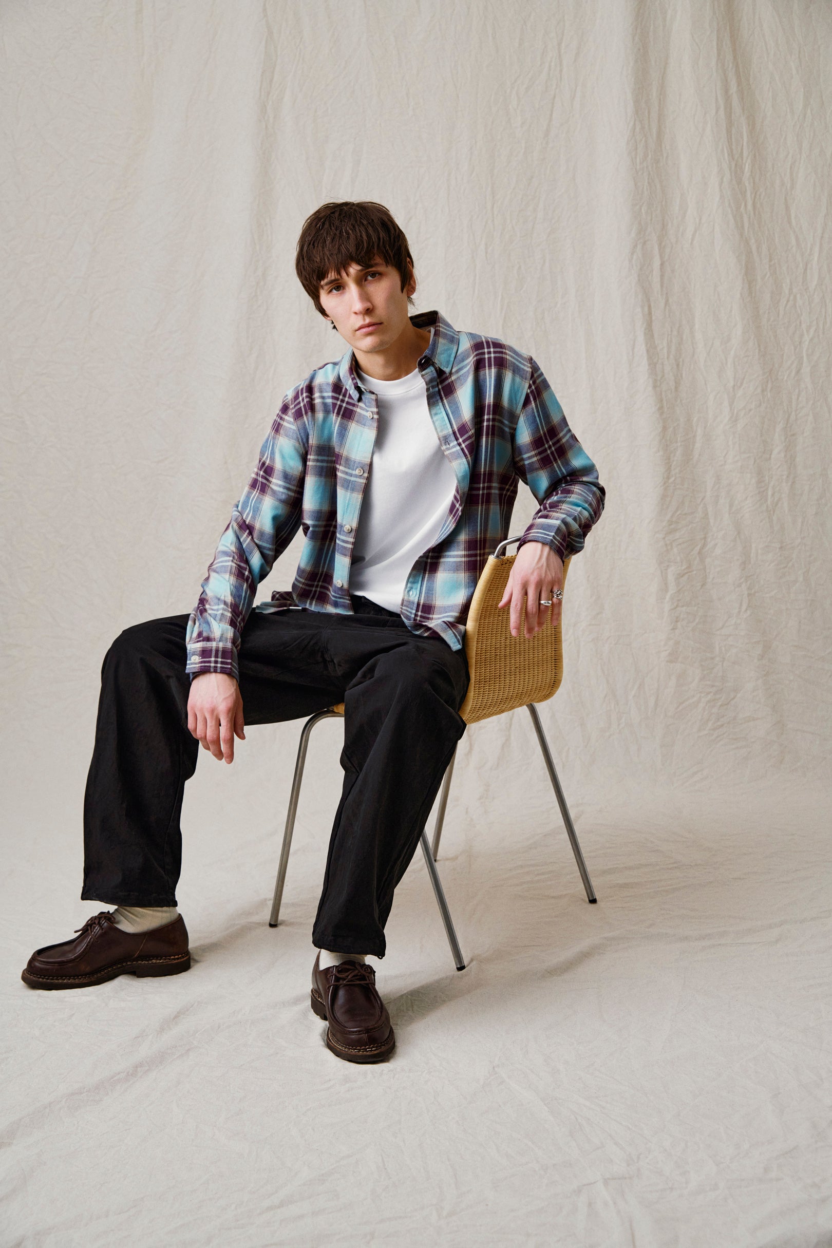 AKLEIF VISCOSE CHECK LS SHIRT - Light Blue